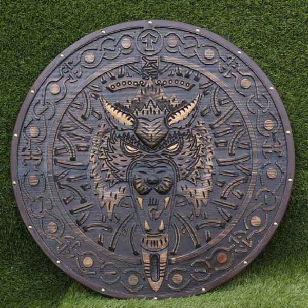 Carved Fenrir Wolf Viking Shield