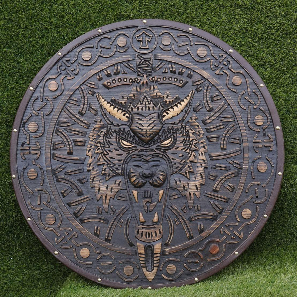 Carved Fenrir Wolf Viking Shield