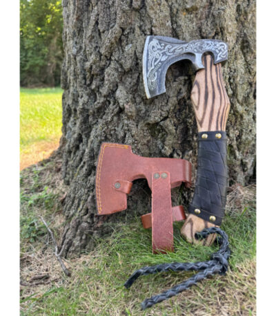 Damascus Camping Axe, Engraved Woodcutting Axe with Leather Sheath, Hatchet Gift