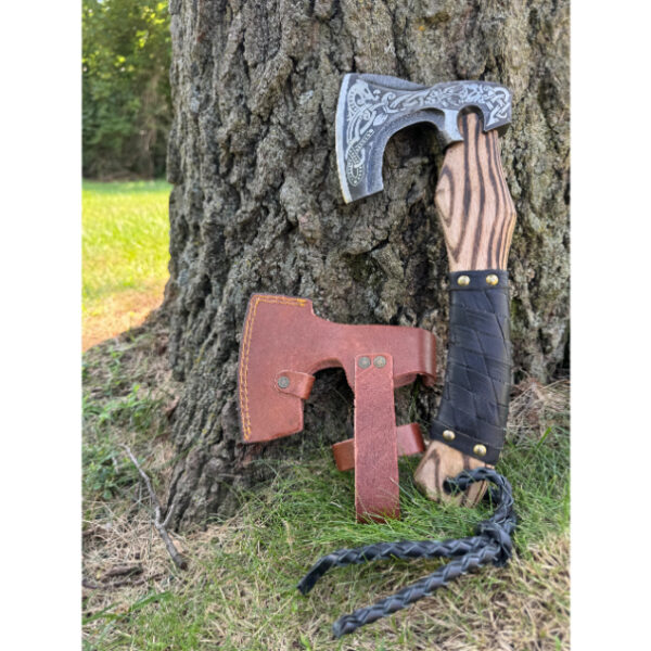Damascus Camping Axe, Engraved Woodcutting Axe with Leather Sheath, Hatchet Gift