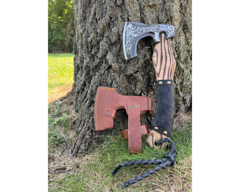 Damascus Camping Axe, Engraved Woodcutting Axe with Leather Sheath, Hatchet Gift