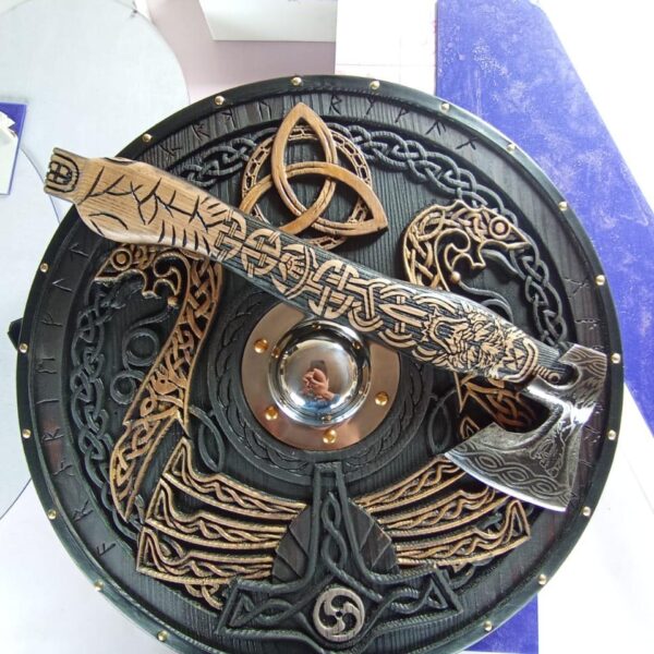 Handcrafted Medieval Viking Shield Along Ragnar Axe
