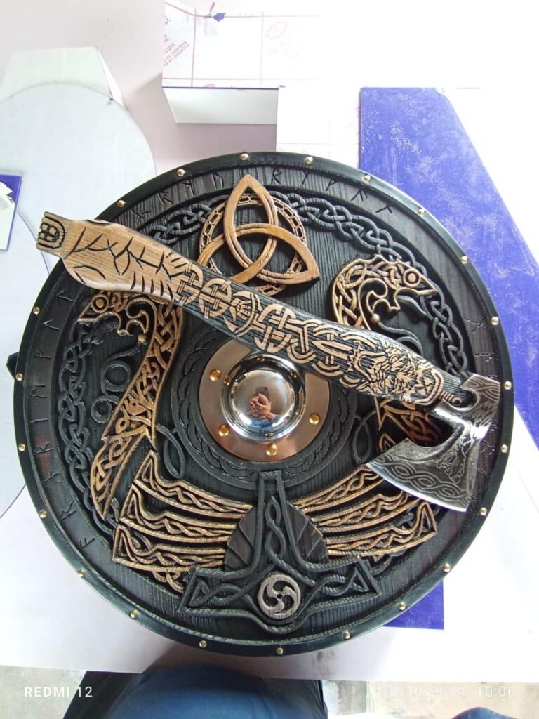 Handcrafted Medieval Viking Shield Along Ragnar Axe
