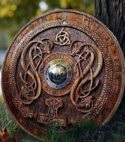 Viking Shield with Carved Norse Runic Ornaments Battleworn