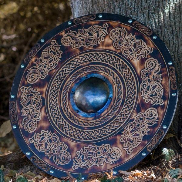 Red Round Battle Shield With Dragon Art For LARP and Decor Red Round Battle Shield With Dragon Art For LARP and Decor