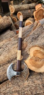 Hand-Forged Stainless Steel Double-Headed Viking Battle Axe often styled as a Dark Warrior and Norse Berserker Axe